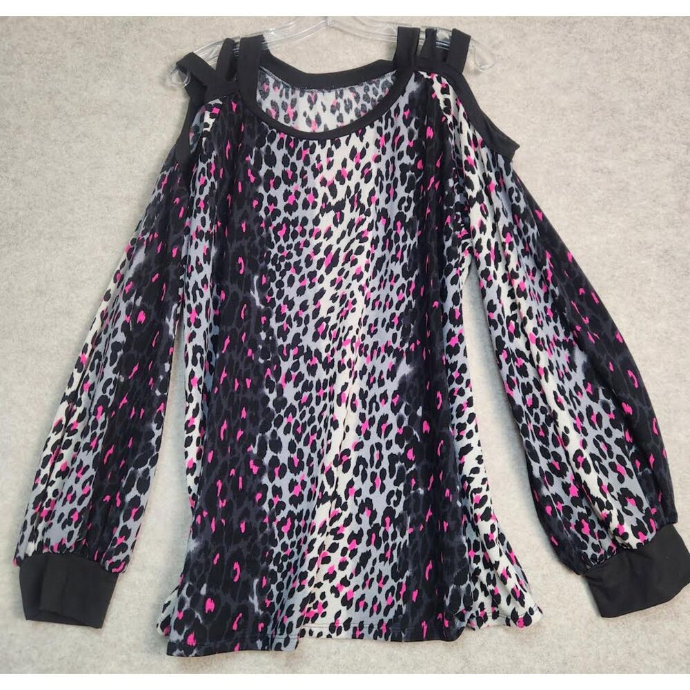 Women's Cold Shoulder Long sleeve Black Pink & Gray Animal Print Top Size 2XL